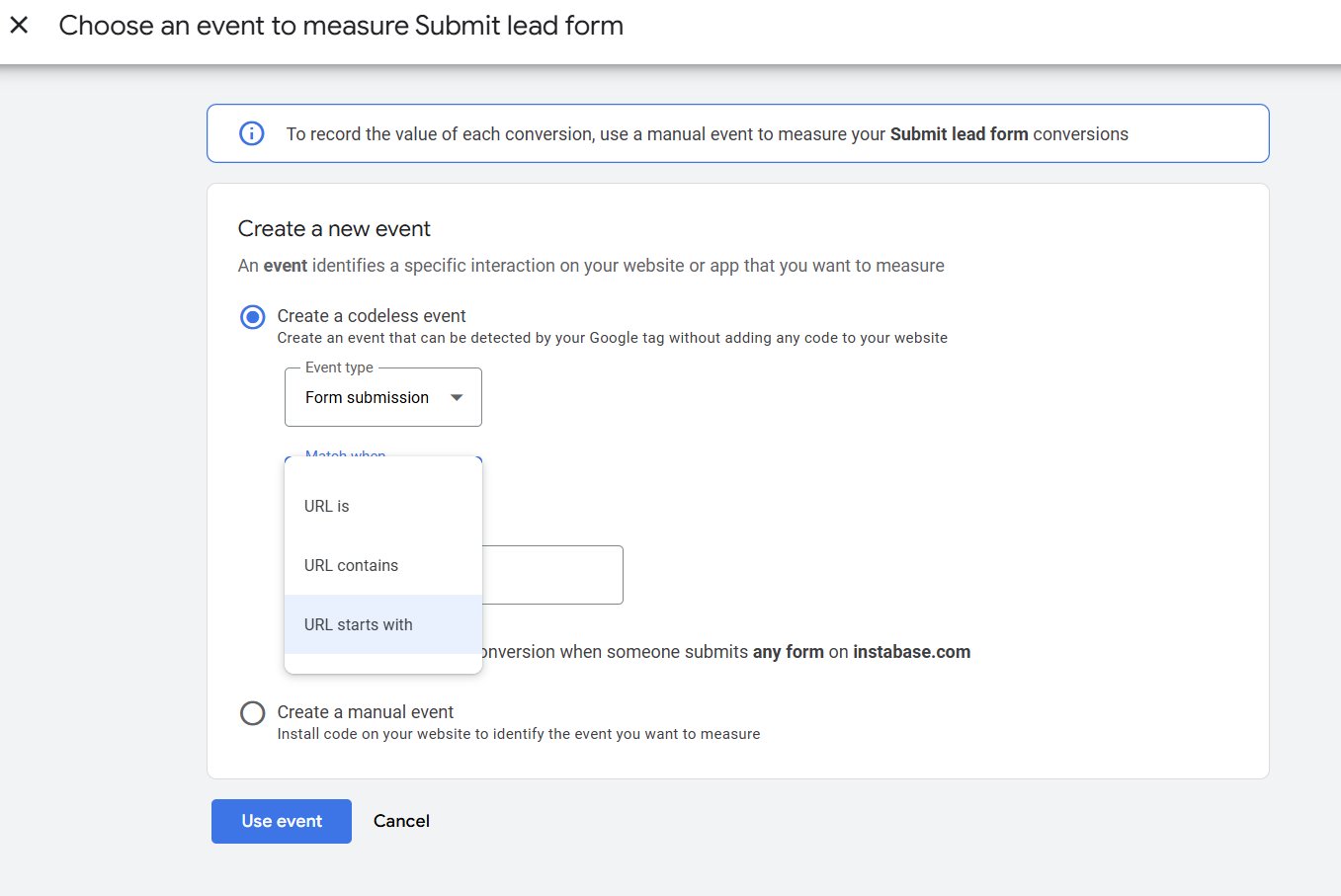 Screenshot of a Google Analytics interface showing the setup to track form submission events. The option selected is to create a codeless event for 