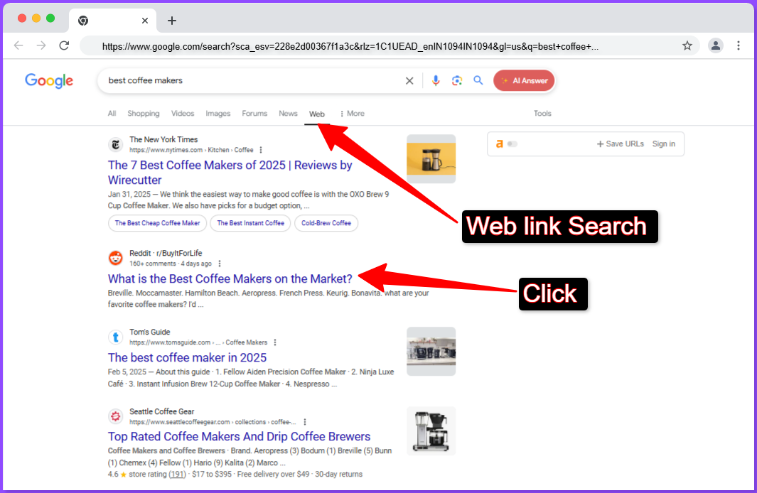 Screenshot of Google search results for 'best coffee makers,' showcasing the 'Web' tab and clickable links to various articles and product listings.